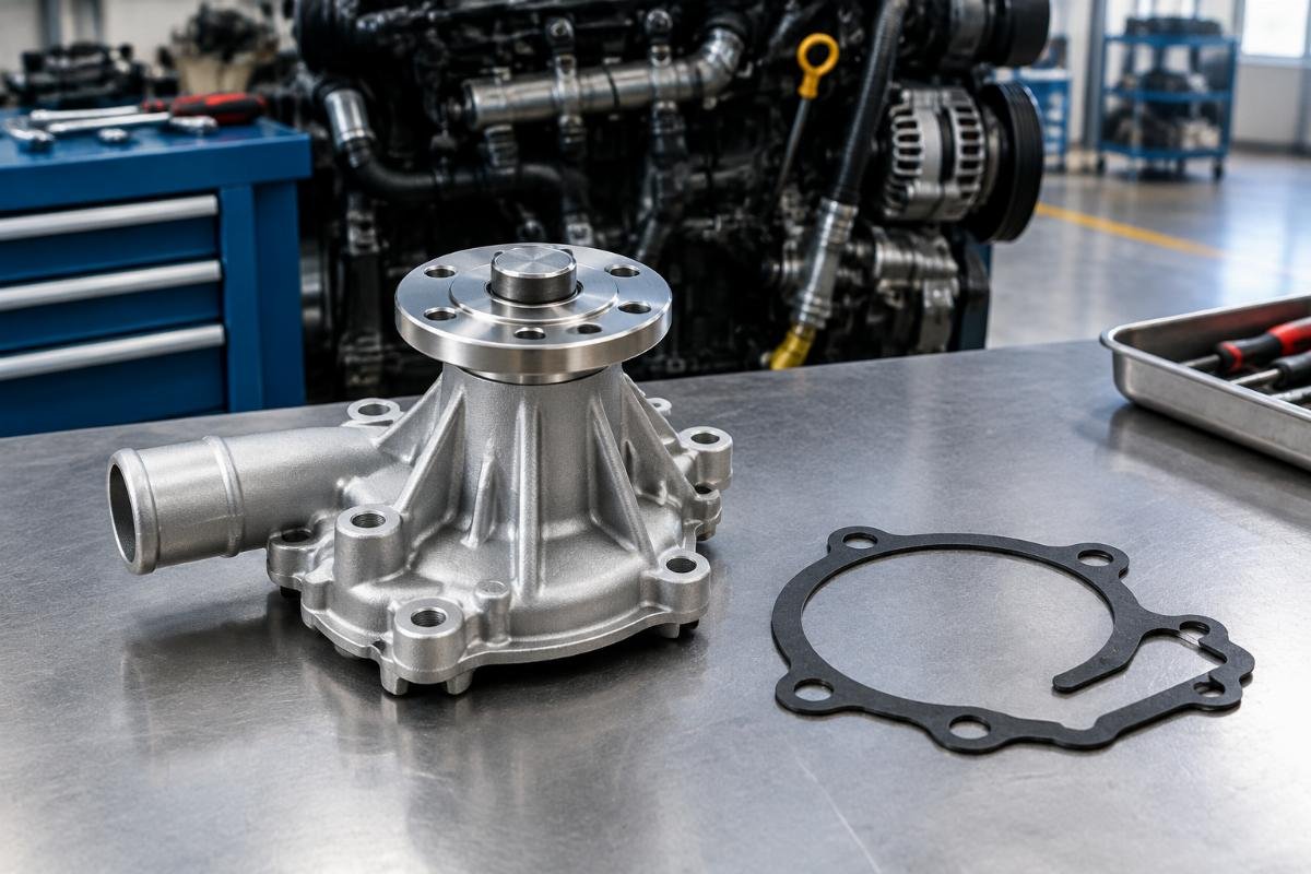 Kubota V2203 water pump with gasket shown for scheduled maintenance