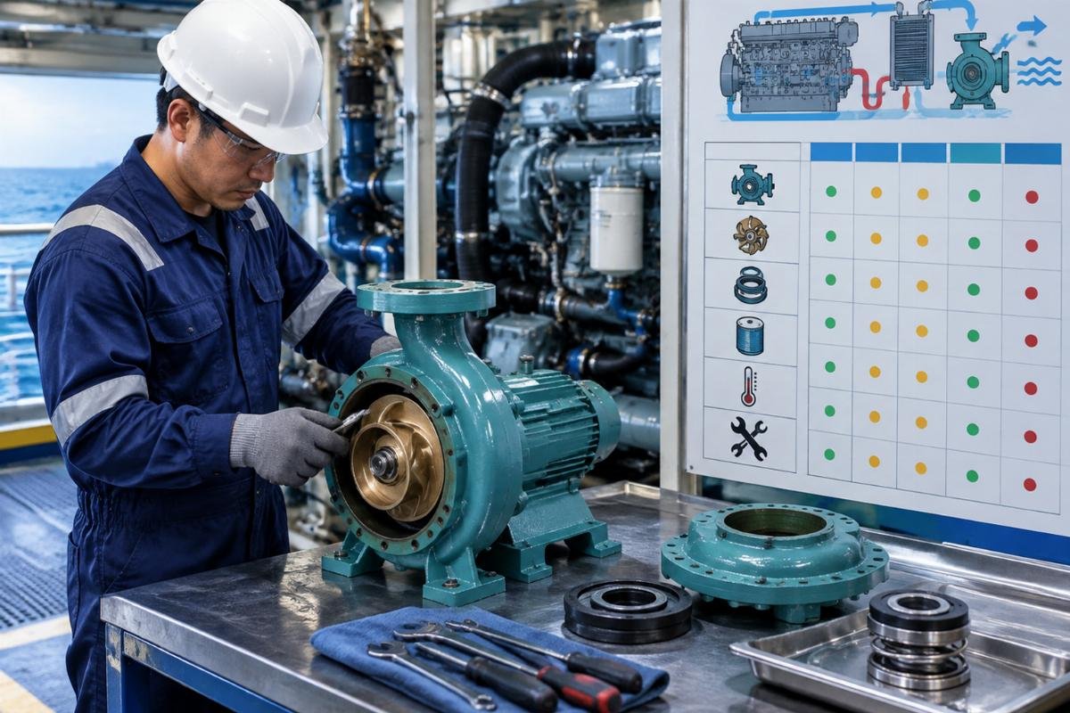 Marine engine cooling system service interval chart for Seawater Pump maintenance planning