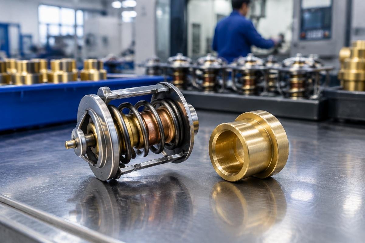 Thermostat element wax capsule and brass bushing fitment detail