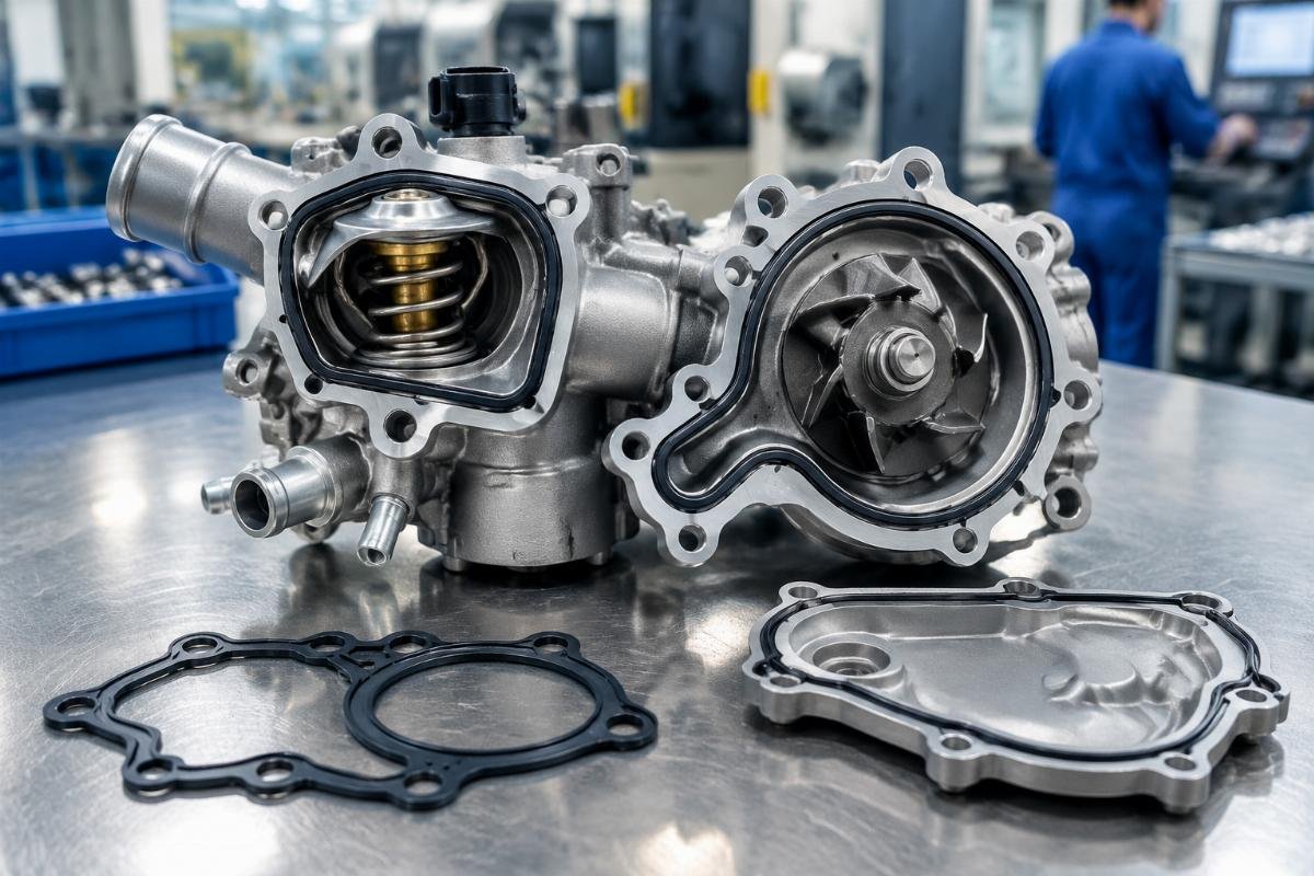 Thermostat housing and water pump assembly showing sealing surfaces
