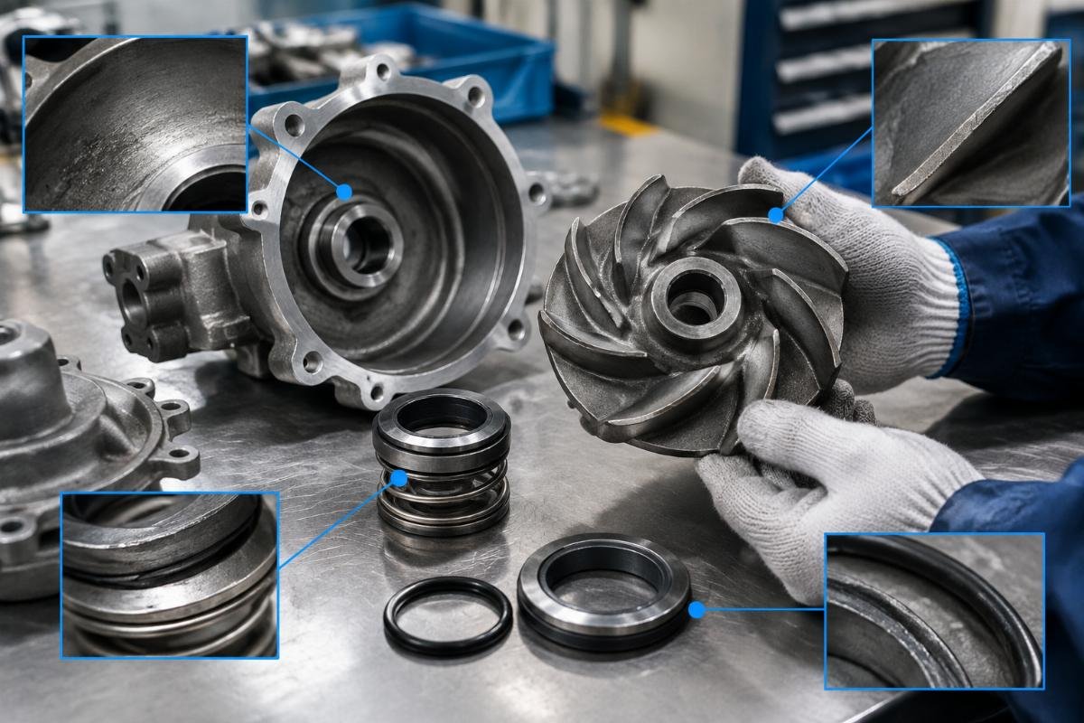 Water pump impeller and seal structure showing wear inspection points